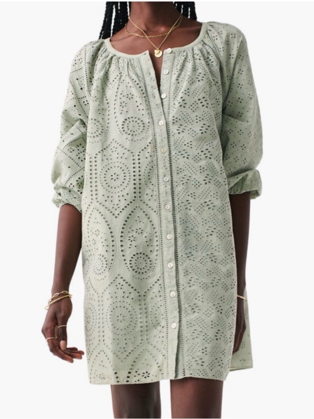 Faherty Valencia Organic Cotton Eyelet Mini Dress Sage Green Small